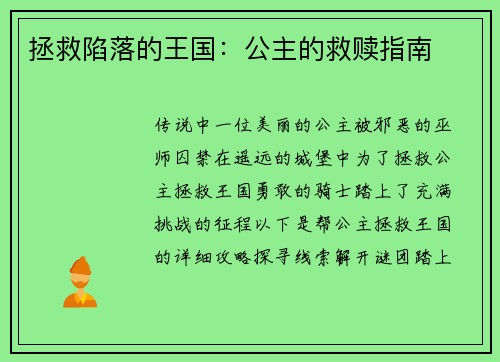 拯救陷落的王国：公主的救赎指南